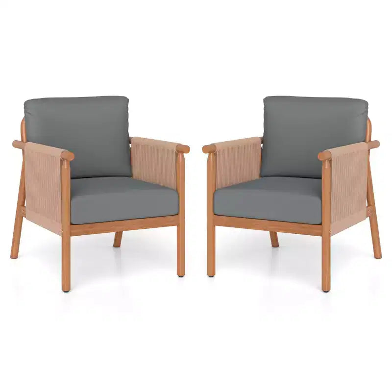Gymax 2PCS Patio Armchair Acacia Wood w/ Seat Back Cushions