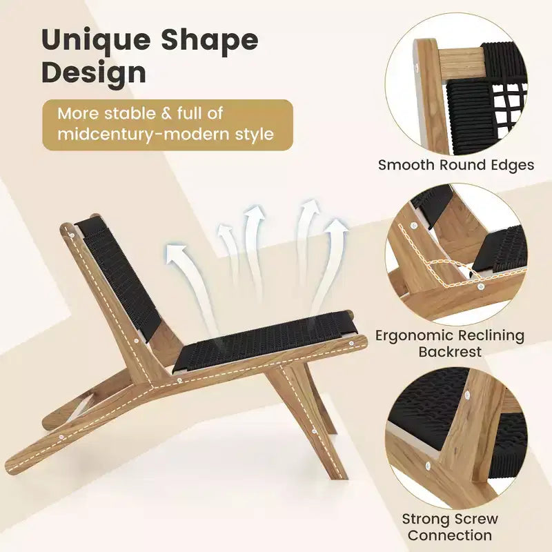 Costway Fauteuil en teck moderne du milieu du siècle avec assise et dossier en corde tressée pour patio