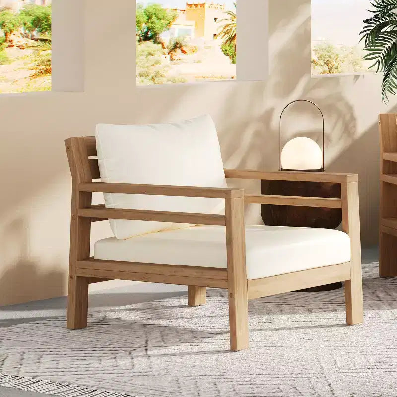 ModernLuxe Outdoor Acacia Wood Patio Chair, Farmhouse Armchair with Water-Resistant Cushions for Garden, Balcony, Backyard, Light Teak+Beige