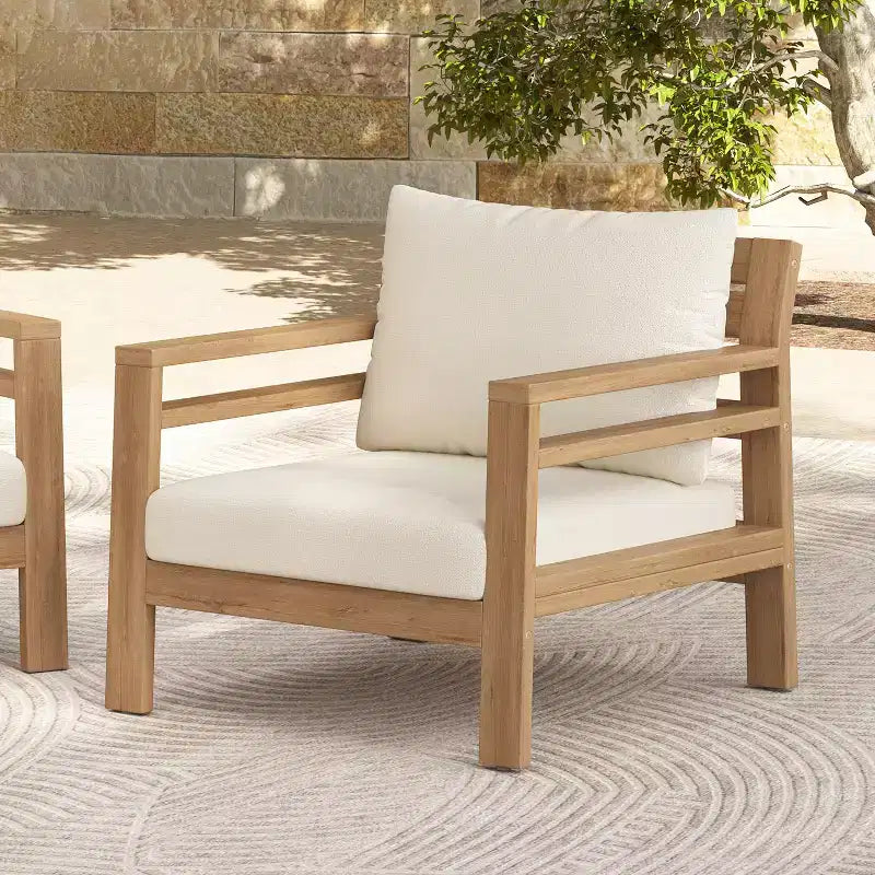 Chaise de patio ModernLuxe en bois d'acacia pour l'extérieur, fauteuil de ferme avec coussins résistants à l'eau pour jardin, balcon, arrière-cour, teck clair + beige