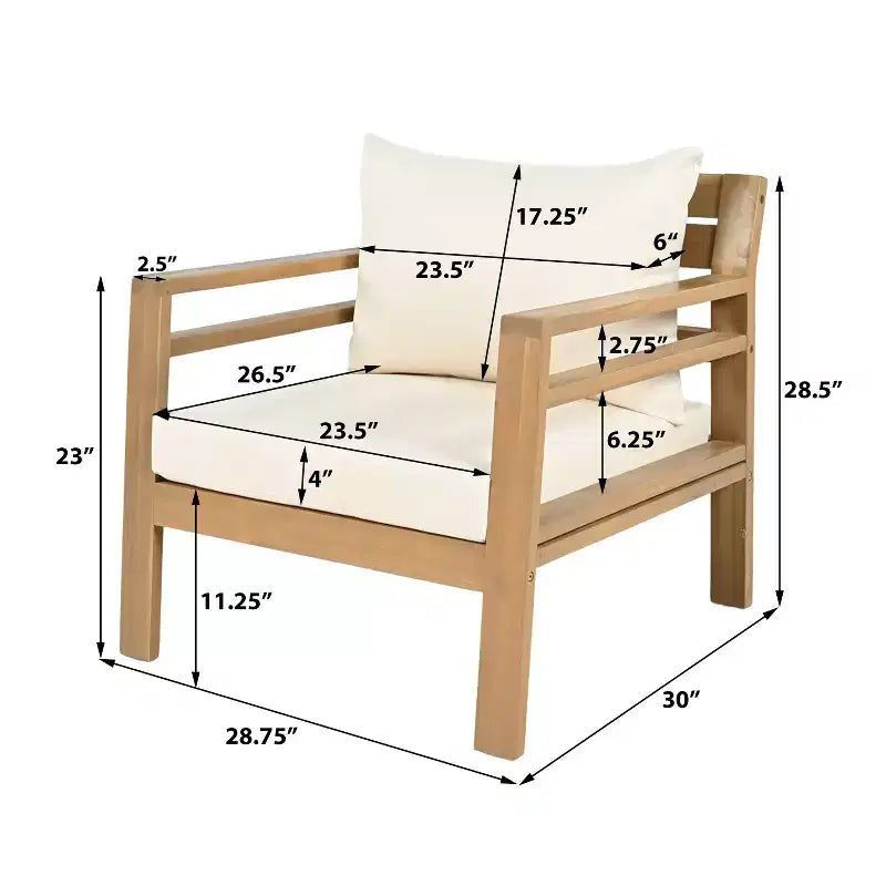 Chaise de patio ModernLuxe en bois d'acacia pour l'extérieur, fauteuil de ferme avec coussins résistants à l'eau pour jardin, balcon, arrière-cour, teck clair + beige