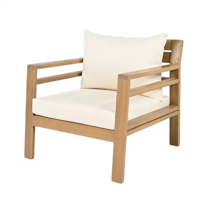 Chaise de patio ModernLuxe en bois d'acacia pour l'extérieur, fauteuil de ferme avec coussins résistants à l'eau pour jardin, balcon, arrière-cour, teck clair + beige