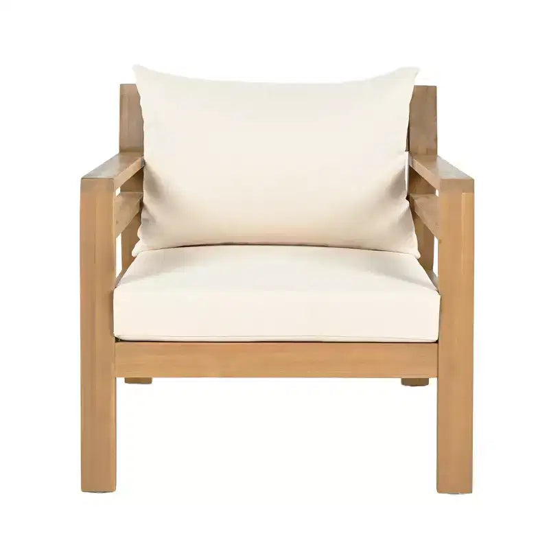 Chaise de patio ModernLuxe en bois d'acacia pour l'extérieur, fauteuil de ferme avec coussins résistants à l'eau pour jardin, balcon, arrière-cour, teck clair + beige