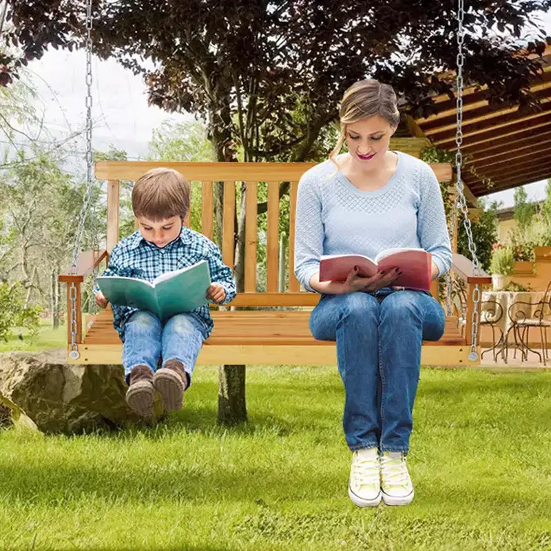 4FT Outdoor Wooden Porch Swing, Heavy Duty Garden Swing Bench with Adjustable Chains, Ergonomic Backrest, 440lbs Capacity for Patio, Deck, Backyard