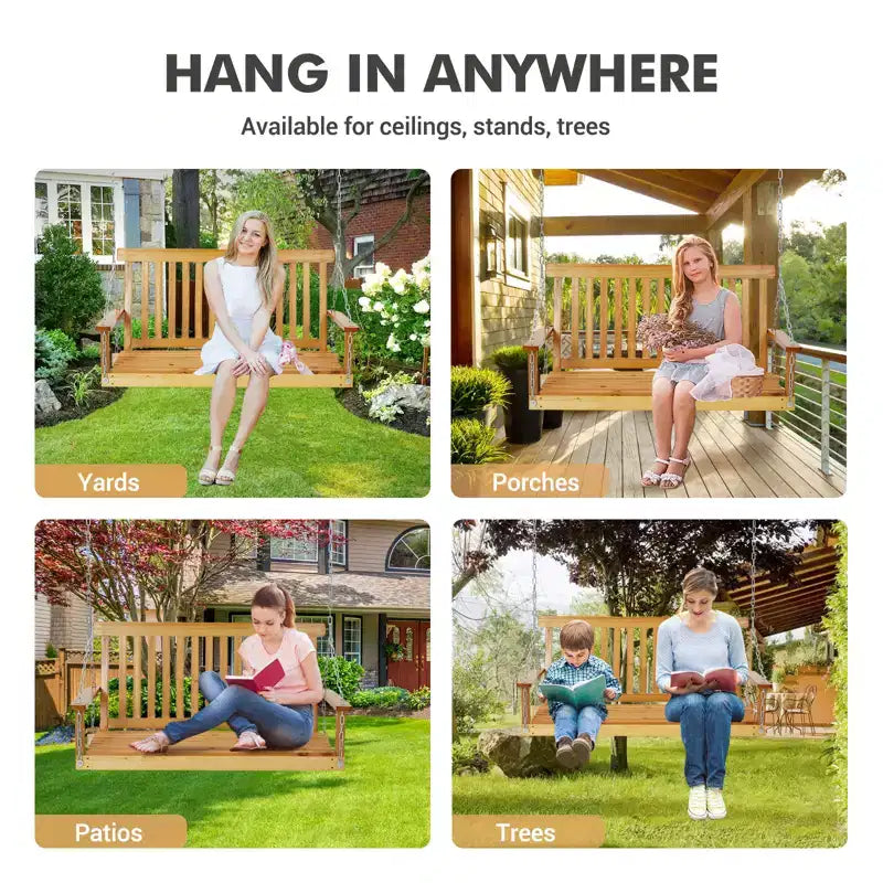 Balançoire de porche extérieure en bois de 1,2 m, banc de jardin robuste avec chaînes réglables, dossier ergonomique, capacité de 200 kg pour patio, terrasse, jardin