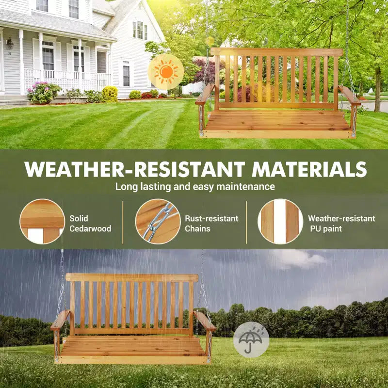 Balançoire de porche extérieure en bois de 1,2 m, banc de jardin robuste avec chaînes réglables, dossier ergonomique, capacité de 200 kg pour patio, terrasse, jardin