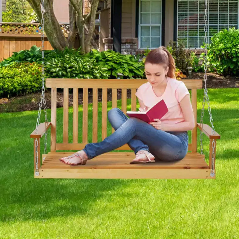 Balançoire de porche extérieure en bois de 1,2 m, banc de jardin robuste avec chaînes réglables, dossier ergonomique, capacité de 200 kg pour patio, terrasse, jardin
