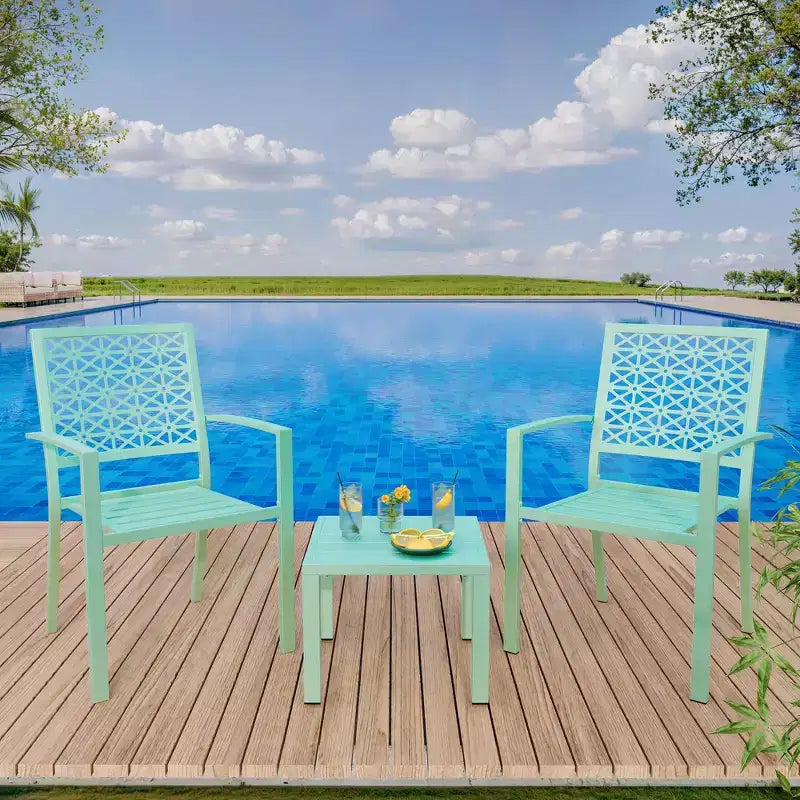 Ensemble 3 pièces de dossier élégant en fer forgé avec motifs floraux sculptés à la main, mobilier d'extérieur universel pour patio et jardin