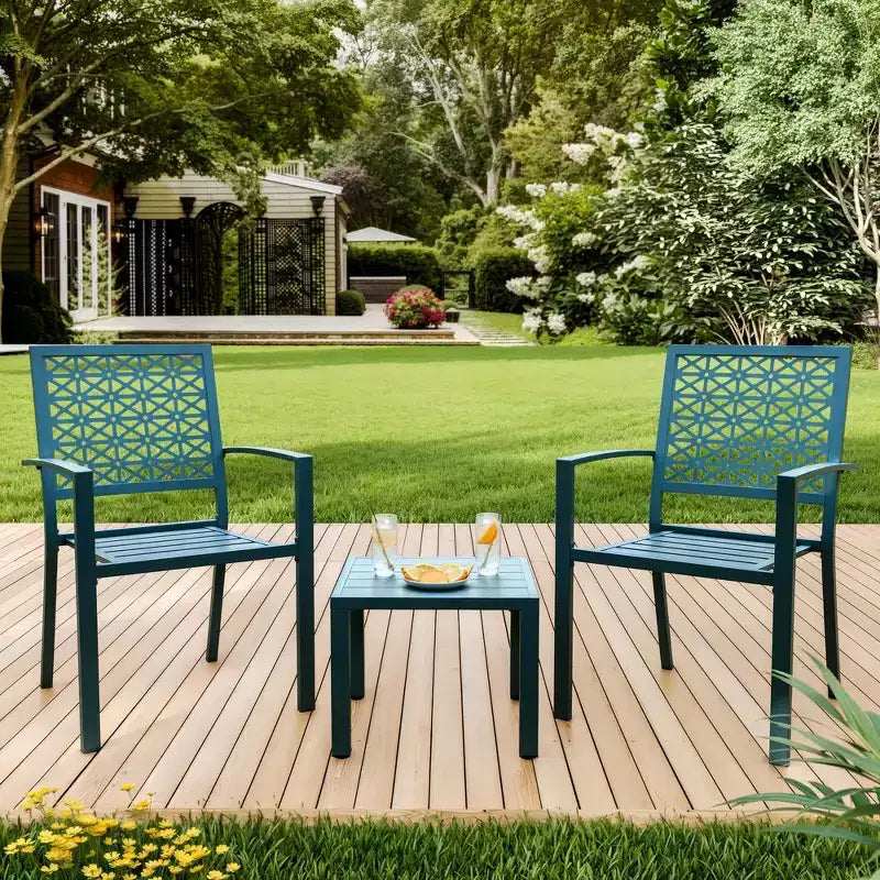 Ensemble 3 pièces de dossier élégant en fer forgé avec motifs floraux sculptés à la main, mobilier d'extérieur universel pour patio et jardin