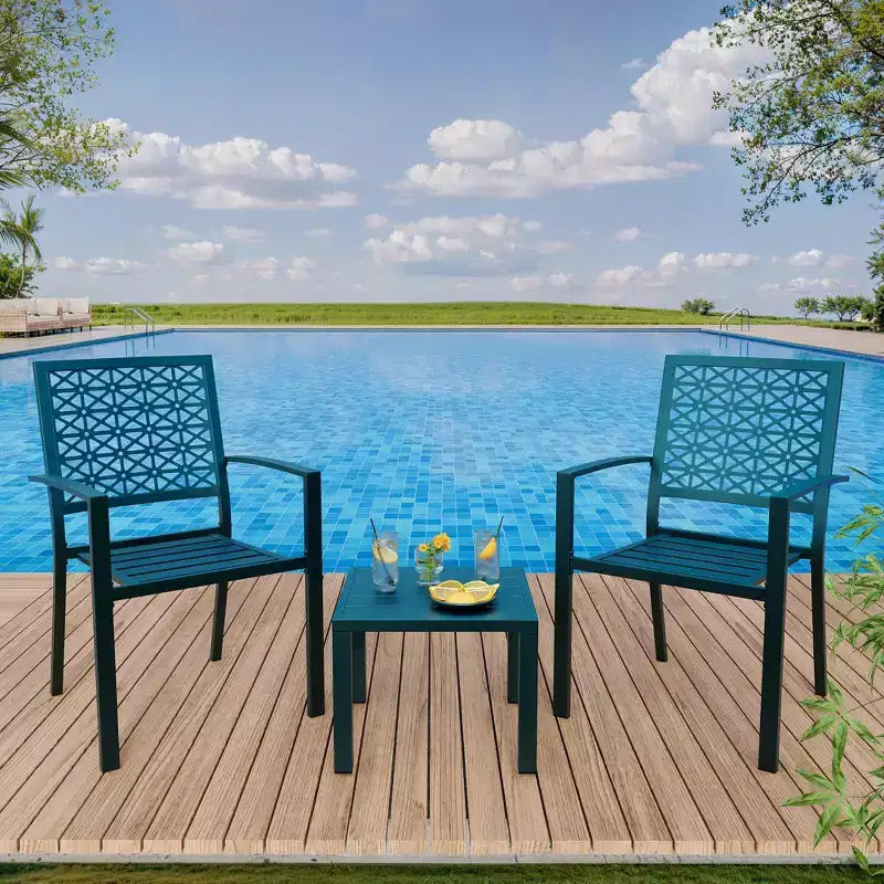 Ensemble 3 pièces de dossier élégant en fer forgé avec motifs floraux sculptés à la main, mobilier d'extérieur universel pour patio et jardin