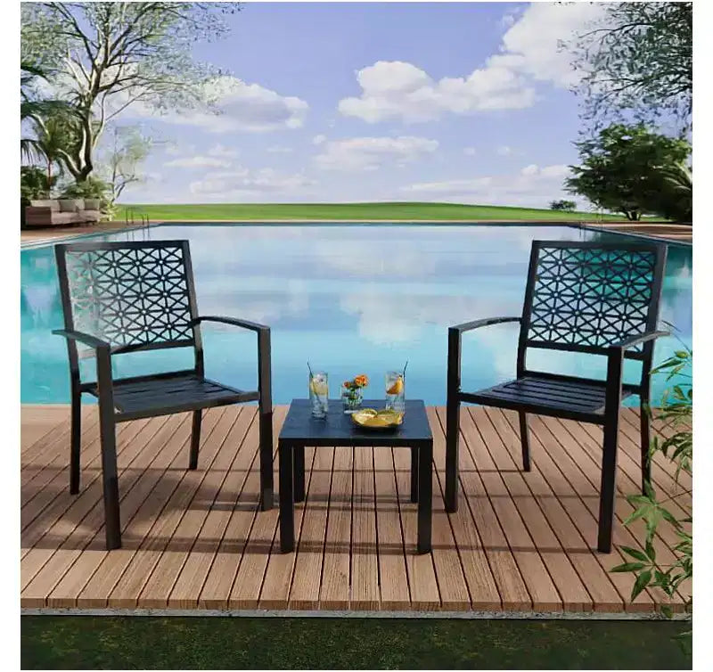 Ensemble 3 pièces de dossier élégant en fer forgé avec motifs floraux sculptés à la main, mobilier d'extérieur universel pour patio et jardin