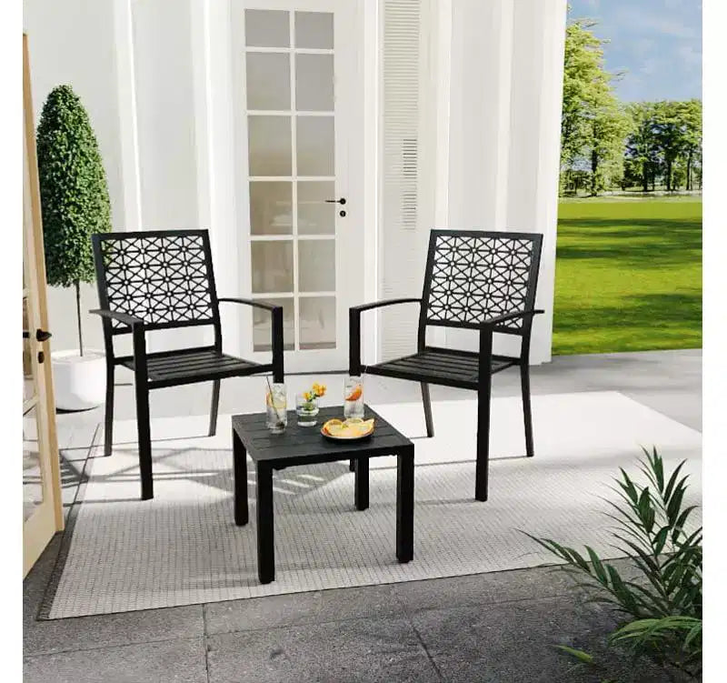 Ensemble 3 pièces de dossier élégant en fer forgé avec motifs floraux sculptés à la main, mobilier d'extérieur universel pour patio et jardin