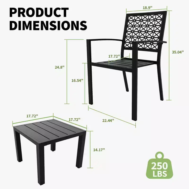 Ensemble 3 pièces de dossier élégant en fer forgé avec motifs floraux sculptés à la main, mobilier d'extérieur universel pour patio et jardin