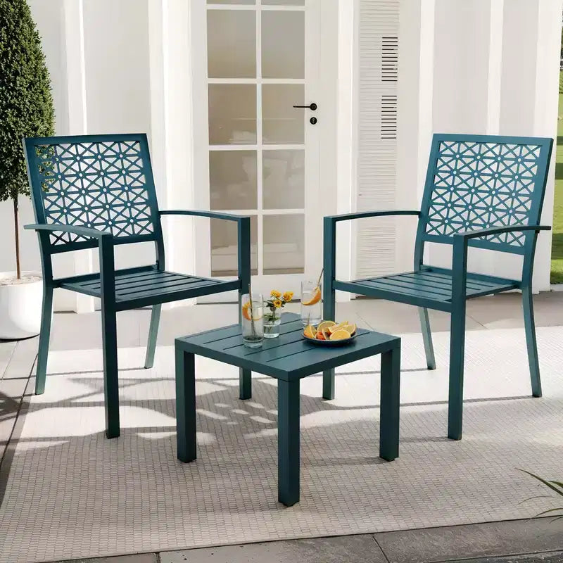 Ensemble 3 pièces de dossier élégant en fer forgé avec motifs floraux sculptés à la main, mobilier d'extérieur universel pour patio et jardin