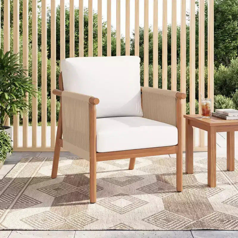 Chaise de patio Costway en bois d'acacia avec accoudoirs et dossier en corde tressée et coussins, pour jardin, couleur naturelle + gris/blanc