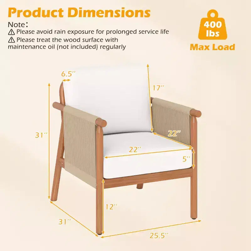 Chaise de patio Costway en bois d'acacia avec accoudoirs et dossier en corde tressée et coussins, pour jardin, couleur naturelle + gris/blanc