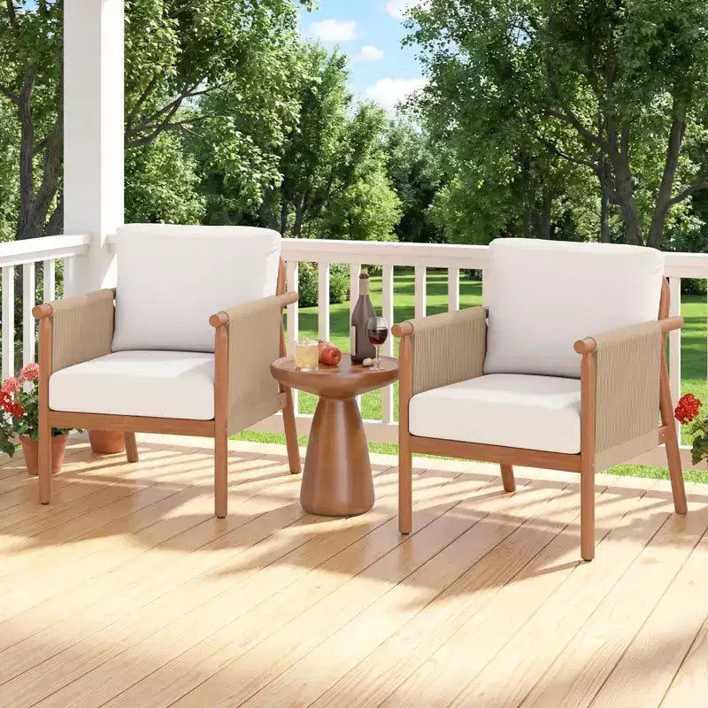 Chaise de patio Costway en bois d'acacia avec accoudoirs et dossier en corde tressée et coussins, pour jardin, couleur naturelle + gris/blanc