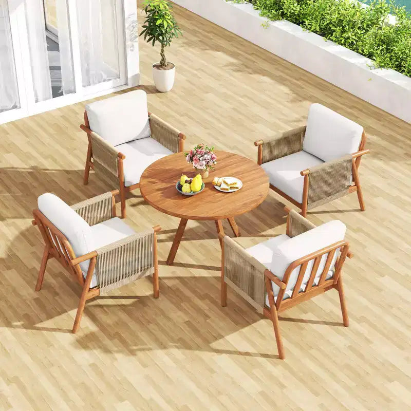 Chaise de patio Costway en bois d'acacia avec accoudoirs et dossier en corde tressée et coussins, pour jardin, couleur naturelle + gris/blanc