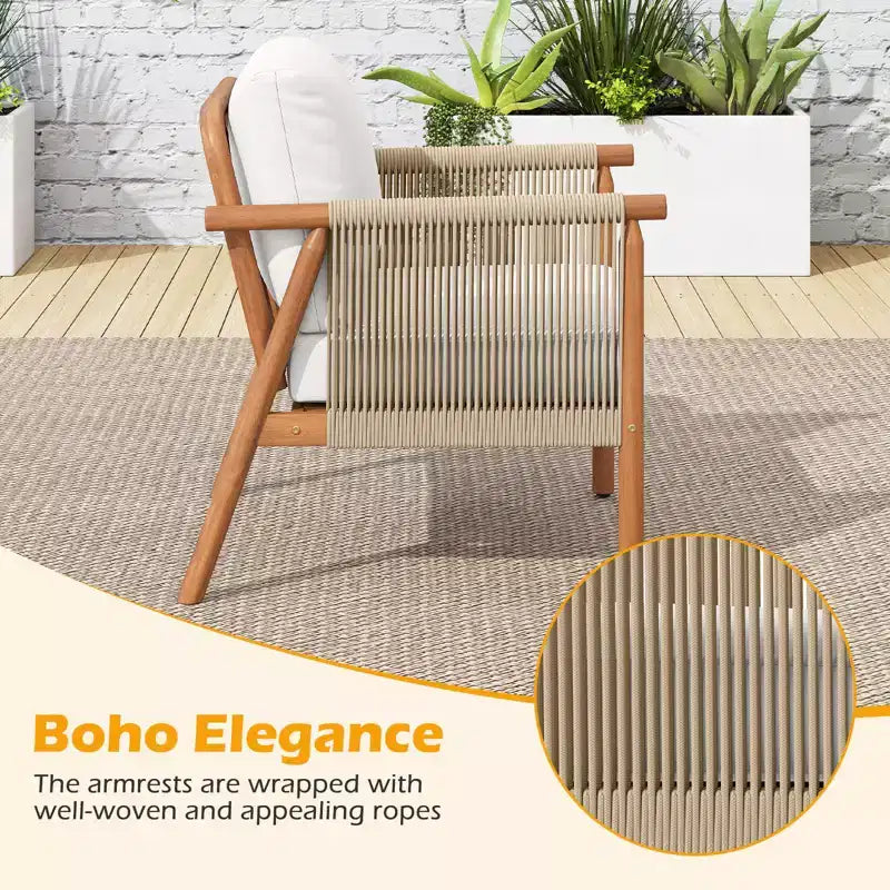 Chaise de patio Costway en bois d'acacia avec accoudoirs et dossier en corde tressée et coussins, pour jardin, couleur naturelle + gris/blanc