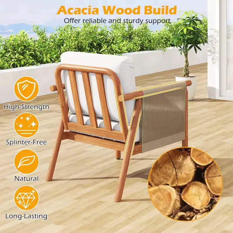 Chaise de patio Costway en bois d'acacia avec accoudoirs et dossier en corde tressée et coussins, pour jardin, couleur naturelle + gris/blanc