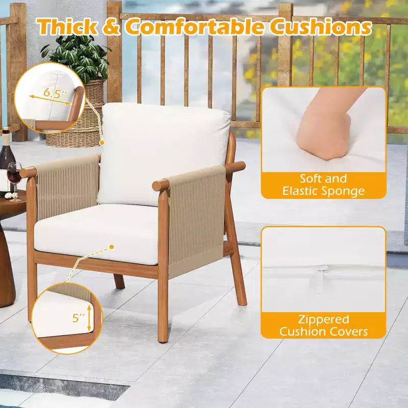 Chaise de patio Costway en bois d'acacia avec accoudoirs et dossier en corde tressée et coussins, pour jardin, couleur naturelle + gris/blanc