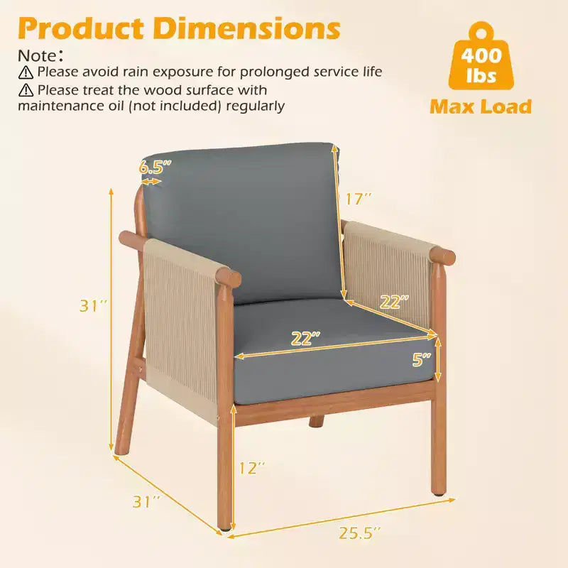 Chaise de patio Costway en bois d'acacia avec accoudoirs et dossier en corde tressée et coussins, pour jardin, couleur naturelle + gris/blanc
