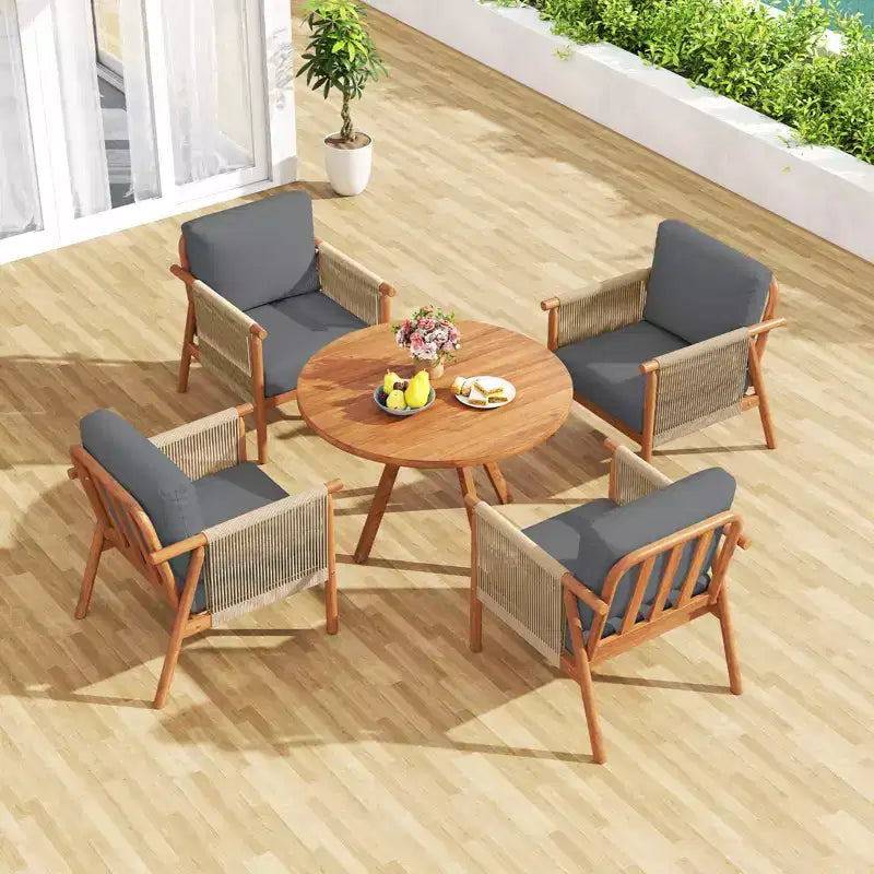 Chaise de patio Costway en bois d'acacia avec accoudoirs et dossier en corde tressée et coussins, pour jardin, couleur naturelle + gris/blanc