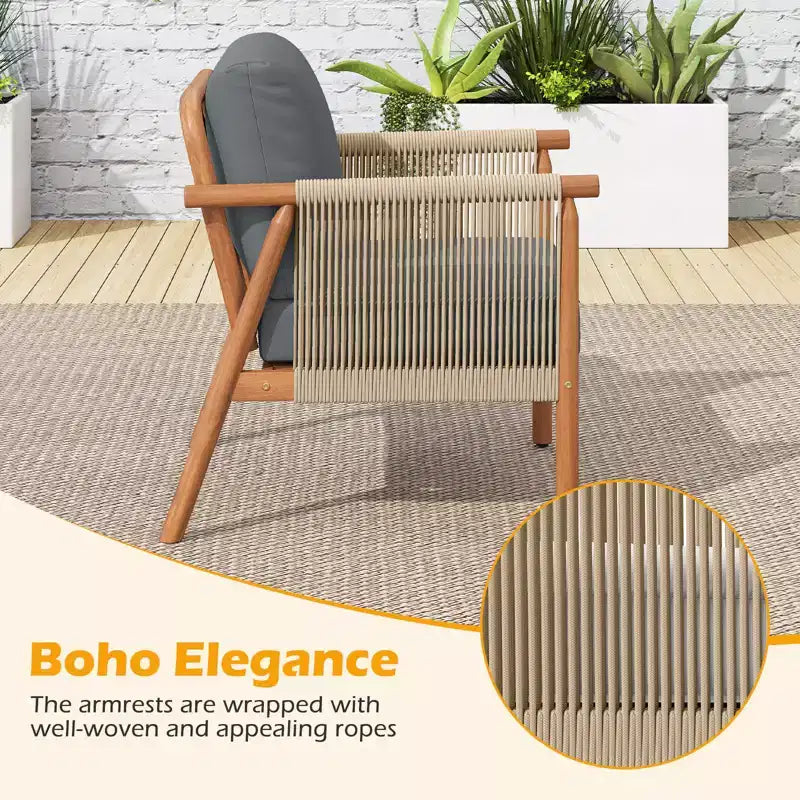 Chaise de patio Costway en bois d'acacia avec accoudoirs et dossier en corde tressée et coussins, pour jardin, couleur naturelle + gris/blanc