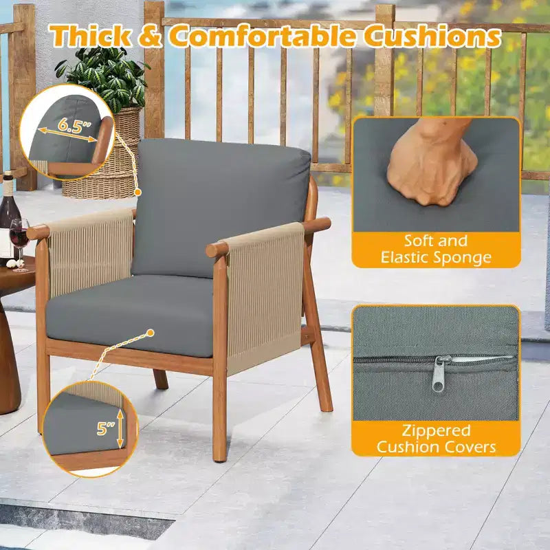 Chaise de patio Costway en bois d'acacia avec accoudoirs et dossier en corde tressée et coussins, pour jardin, couleur naturelle + gris/blanc