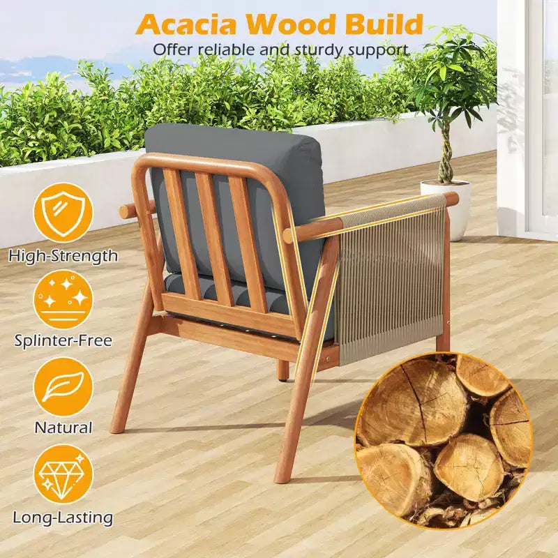 Chaise de patio Costway en bois d'acacia avec accoudoirs et dossier en corde tressée et coussins, pour jardin, couleur naturelle + gris/blanc