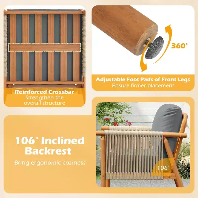 Chaise de patio Costway en bois d'acacia avec accoudoirs et dossier en corde tressée et coussins, pour jardin, couleur naturelle + gris/blanc