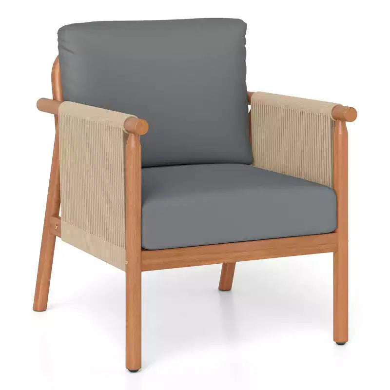 Costway Patio Acacia Wood Chair with Woven Rope Armrests & Seat Back Cushions for Backyard Natural + Gray/White