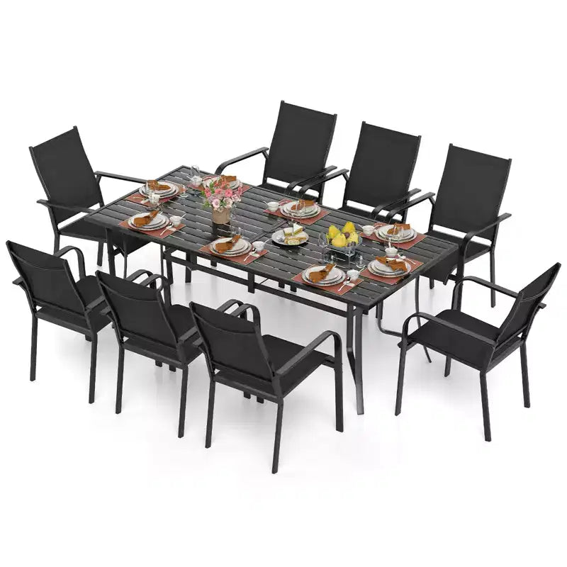 Gymax 9PCS Patio Dining Set Rectangular Table & Stackable Chairs w/Umbrella Hole