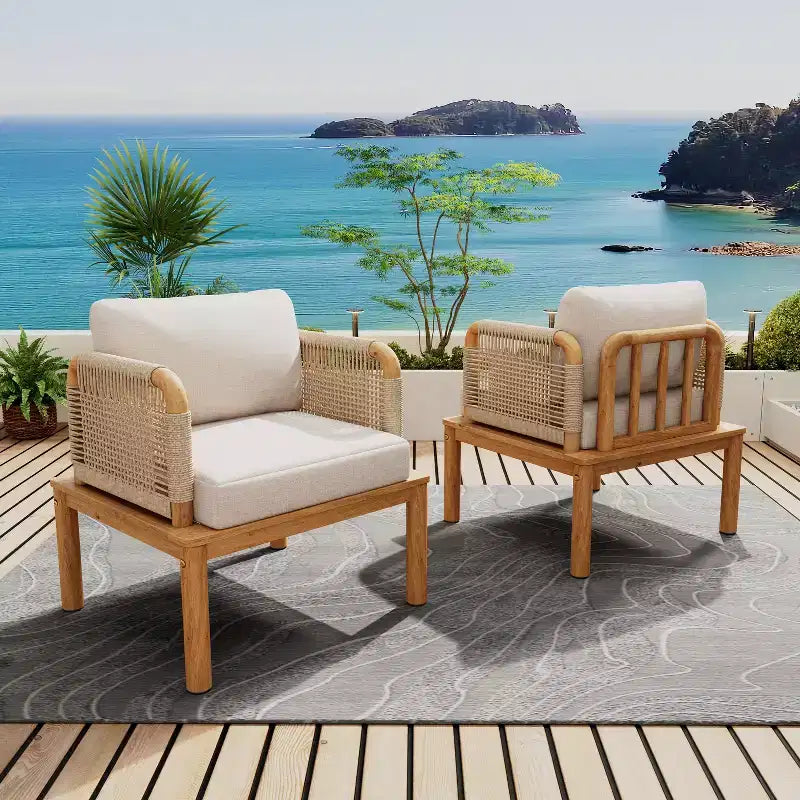 Set of 2 Acacia Wood Club Chairs with Rope Weave Design, Water-Repellent Cushions, Wide Deep Seats for Outdoor Relaxation