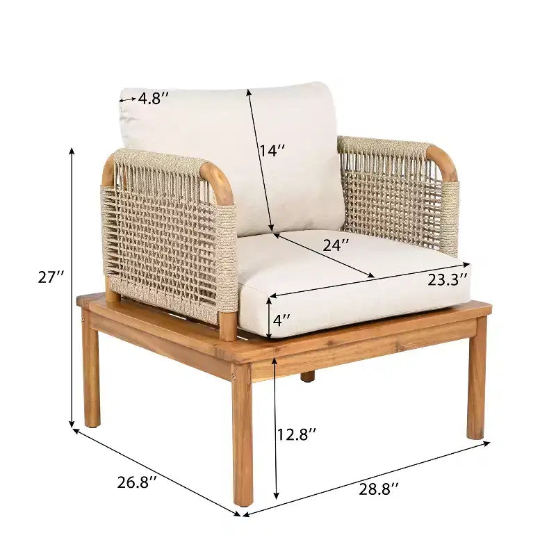 Lot de 2 fauteuils de jardin en bois d'acacia avec design en corde tressée, coussins déperlants, sièges larges et profonds pour la détente en extérieur
