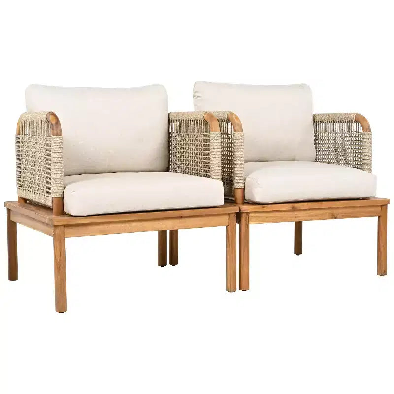 Lot de 2 fauteuils de jardin en bois d'acacia avec design en corde tressée, coussins déperlants, sièges larges et profonds pour la détente en extérieur