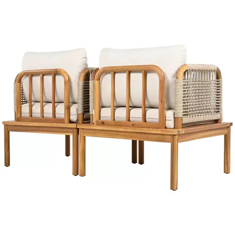 Lot de 2 fauteuils de jardin en bois d'acacia avec design en corde tressée, coussins déperlants, sièges larges et profonds pour la détente en extérieur