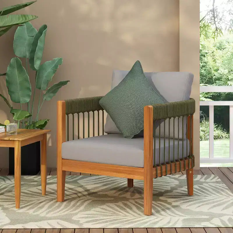 Acacia Wood Outdoor Club Chair with Handwoven Rope Accents, Curved Backrest, Water-Resistant Cushions, Slat Paneling for Porch or Garden