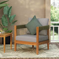 Acacia Wood Outdoor Club Chair with Handwoven Rope Accents, Curved Backrest, Water-Resistant Cushions, Slat Paneling for Porch or Garden