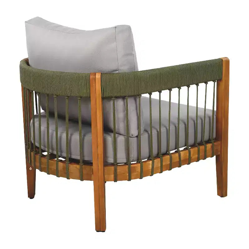 Fauteuil de jardin en bois d'acacia avec accents de corde tressée à la main, dossier incurvé, coussins résistants à l'eau, panneaux à lattes pour véranda ou jardin