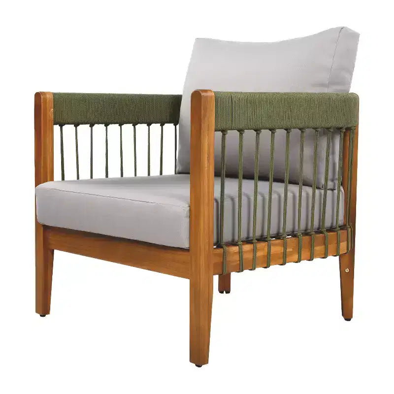 Fauteuil de jardin en bois d'acacia avec accents de corde tressée à la main, dossier incurvé, coussins résistants à l'eau, panneaux à lattes pour véranda ou jardin
