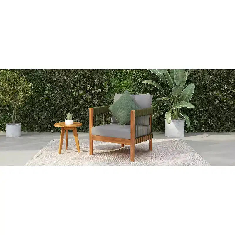 Fauteuil de jardin en bois d'acacia avec accents de corde tressée à la main, dossier incurvé, coussins résistants à l'eau, panneaux à lattes pour véranda ou jardin