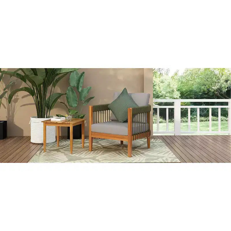 Fauteuil de jardin en bois d'acacia avec accents de corde tressée à la main, dossier incurvé, coussins résistants à l'eau, panneaux à lattes pour véranda ou jardin