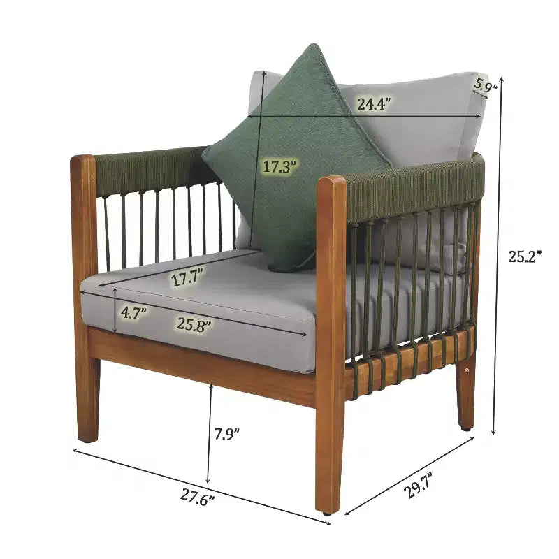 Fauteuil de jardin en bois d'acacia avec accents de corde tressée à la main, dossier incurvé, coussins résistants à l'eau, panneaux à lattes pour véranda ou jardin