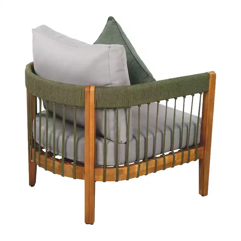 Fauteuil de jardin en bois d'acacia avec accents de corde tressée à la main, dossier incurvé, coussins résistants à l'eau, panneaux à lattes pour véranda ou jardin