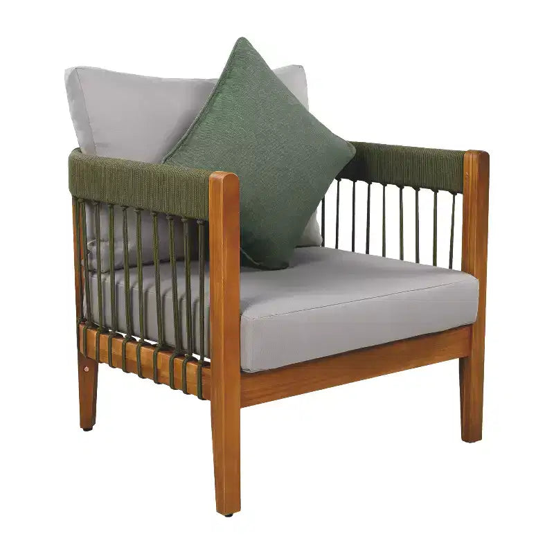 Fauteuil de jardin en bois d'acacia avec accents de corde tressée à la main, dossier incurvé, coussins résistants à l'eau, panneaux à lattes pour véranda ou jardin