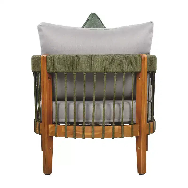 Fauteuil de jardin en bois d'acacia avec accents de corde tressée à la main, dossier incurvé, coussins résistants à l'eau, panneaux à lattes pour véranda ou jardin