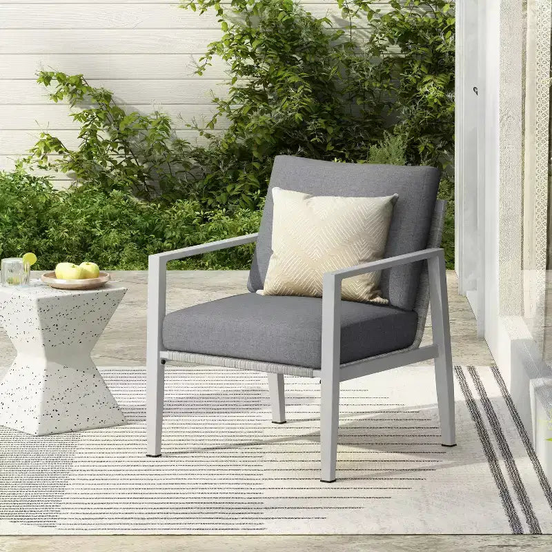 Silver Aluminum Lounge Chair with Rope Accents, Comfortable Cushions, Powder-Coated Frame for Outdoor or Indoor