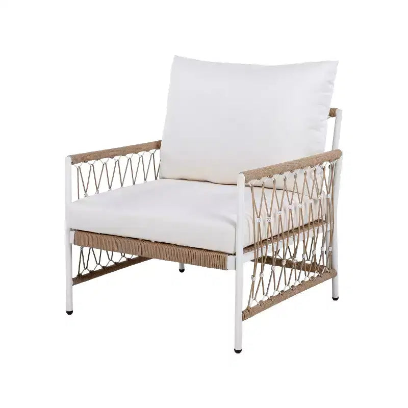 Lot de 2 chaises longues de jardin bohèmes avec cordes tressées à la main, structure en acier thermolaqué, coussins imperméables pour terrasse ou piscine
