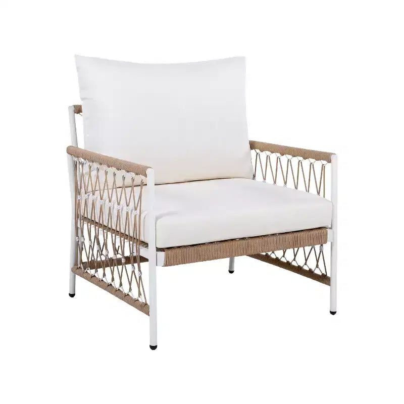 Lot de 2 chaises longues de jardin bohèmes avec cordes tressées à la main, structure en acier thermolaqué, coussins imperméables pour terrasse ou piscine